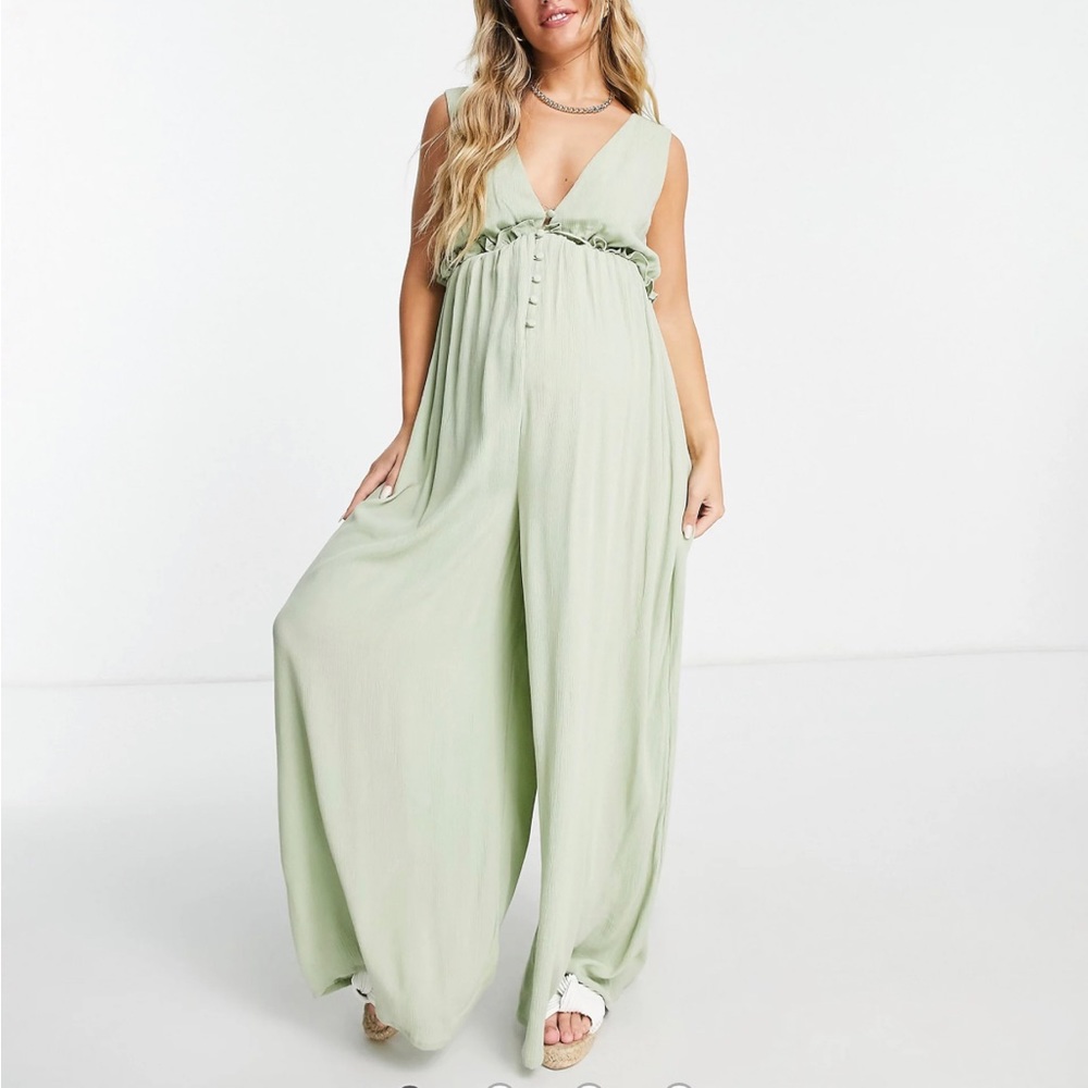 ASOS DESIGN Maternity crinkle rayon double strap plunge smock jumpsuit in sage